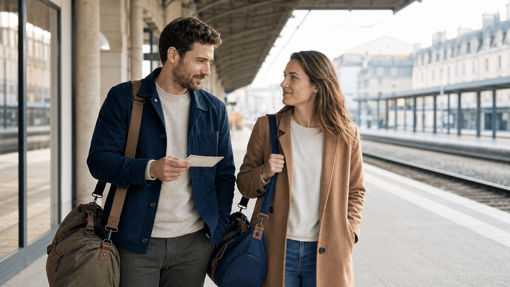 A couple with weekend bags shares warm eye contact on a train platform before a planned trip together.
