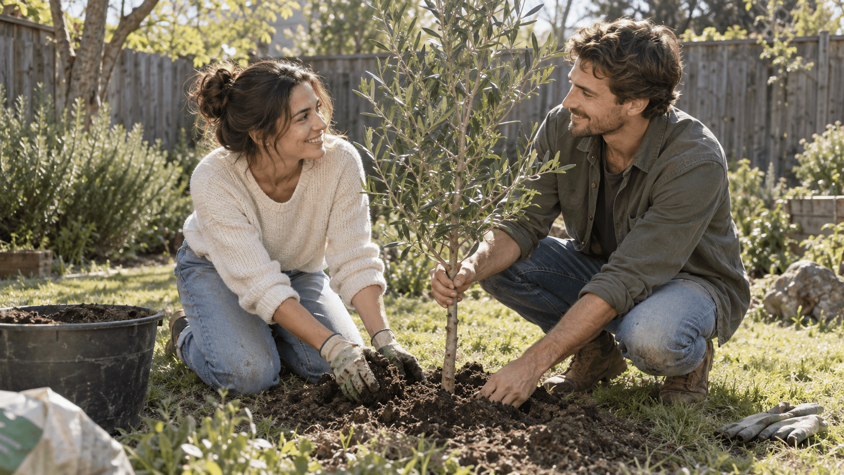 Couple planting a young olive tree together in a sunny backyard garden