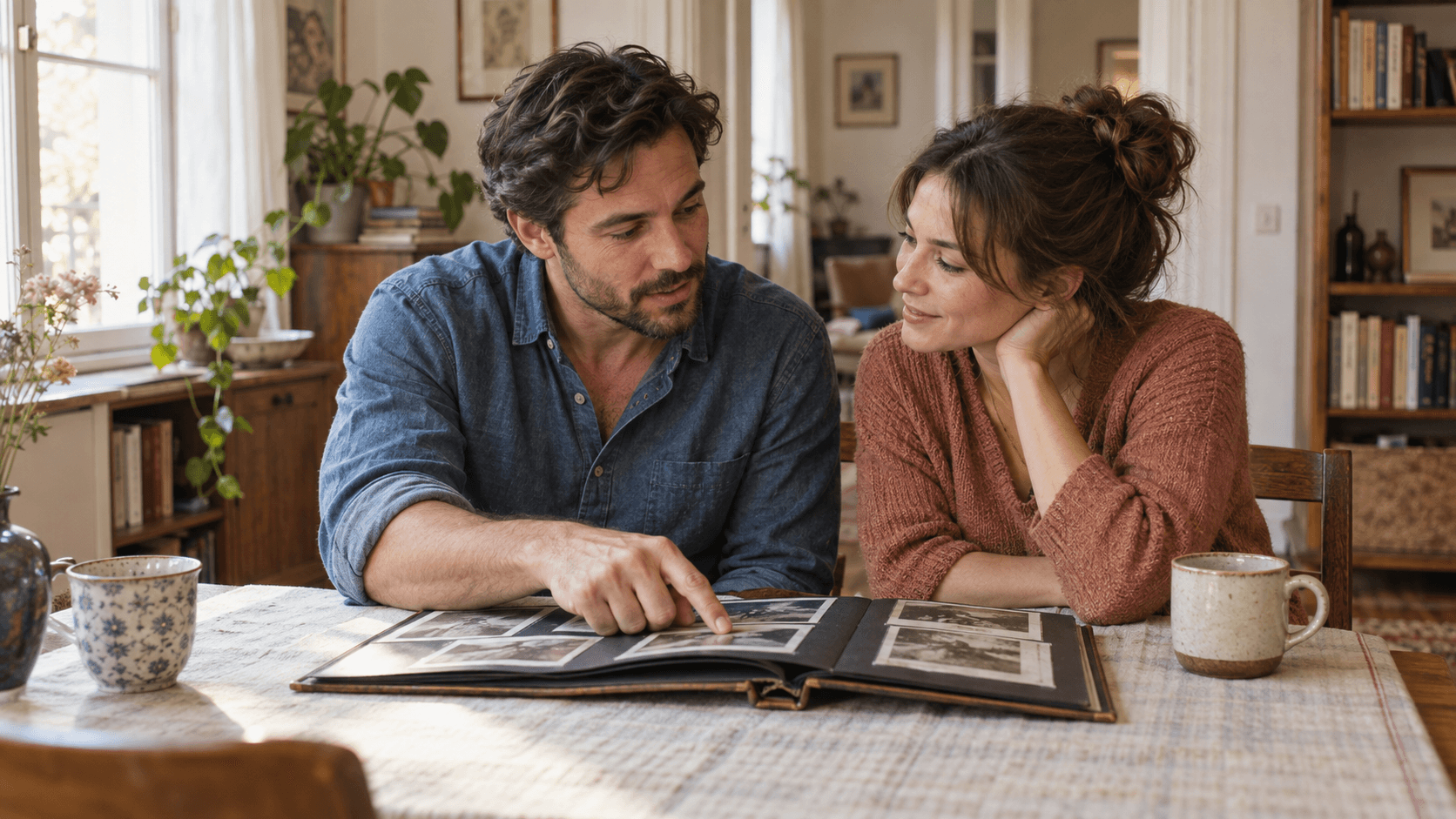 Man sharing a family photo album with a woman in a warm sunlit home