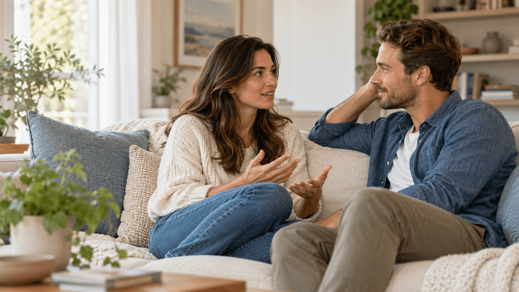 A couple having a calm conversation while a man listens attentively