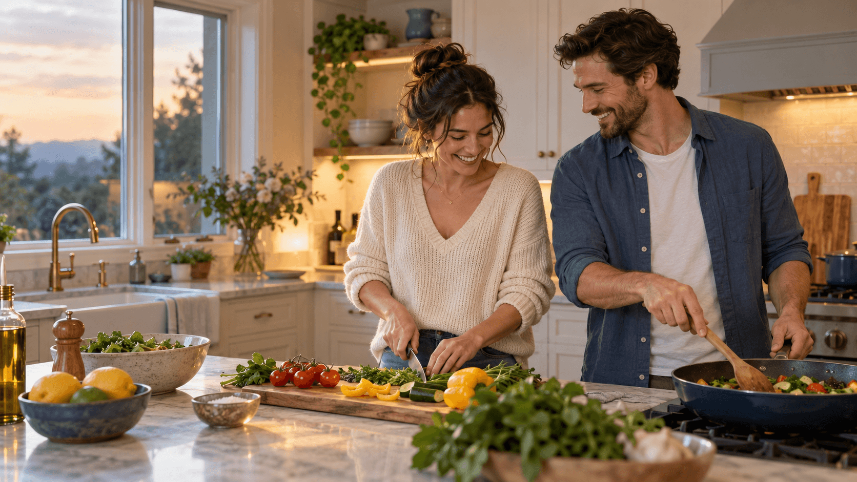 A happy couple preparing dinner together as equal partners in a bright kitchen