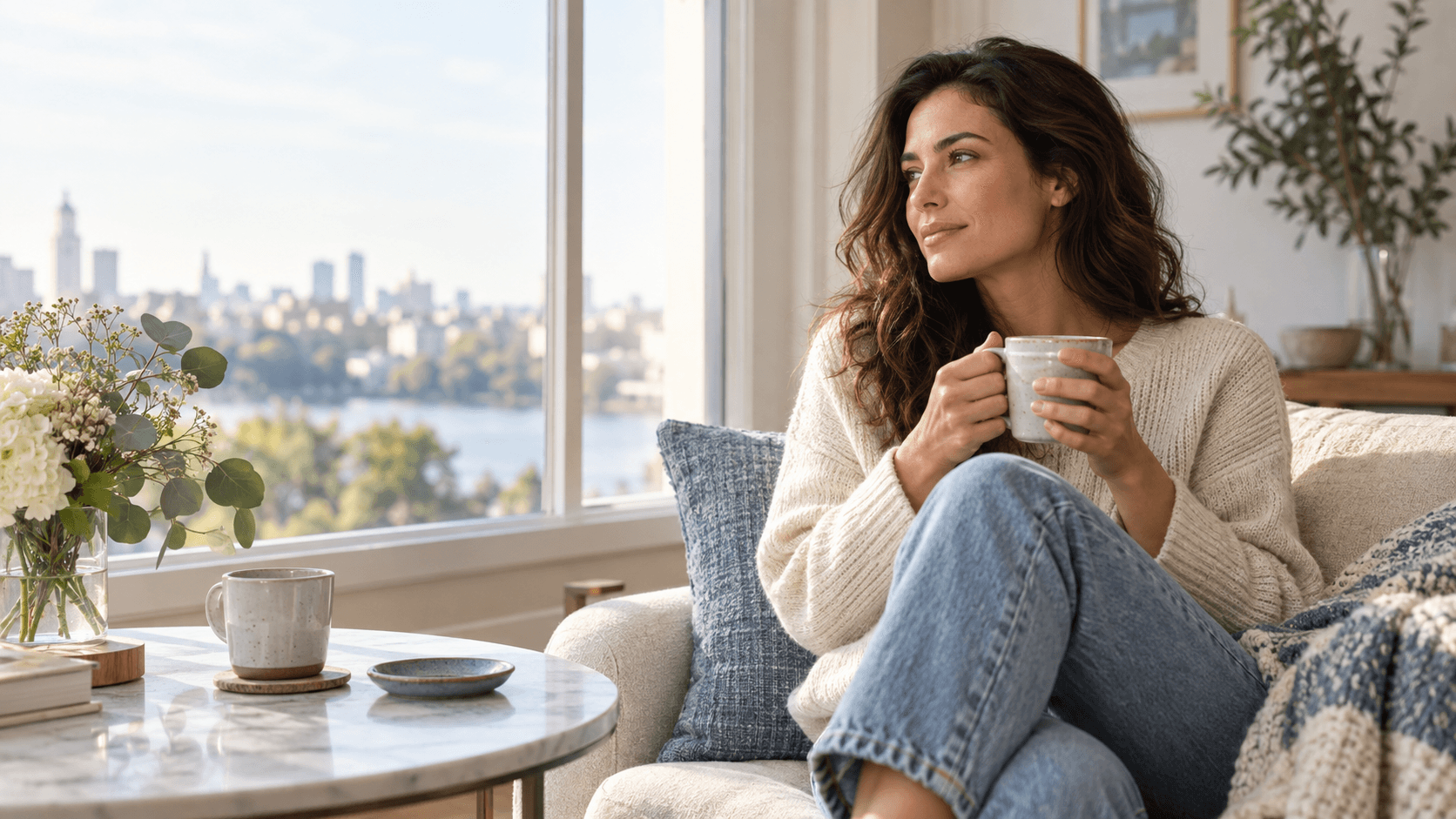 A woman calmly reflecting on the pace of a new relationship beside a bright window