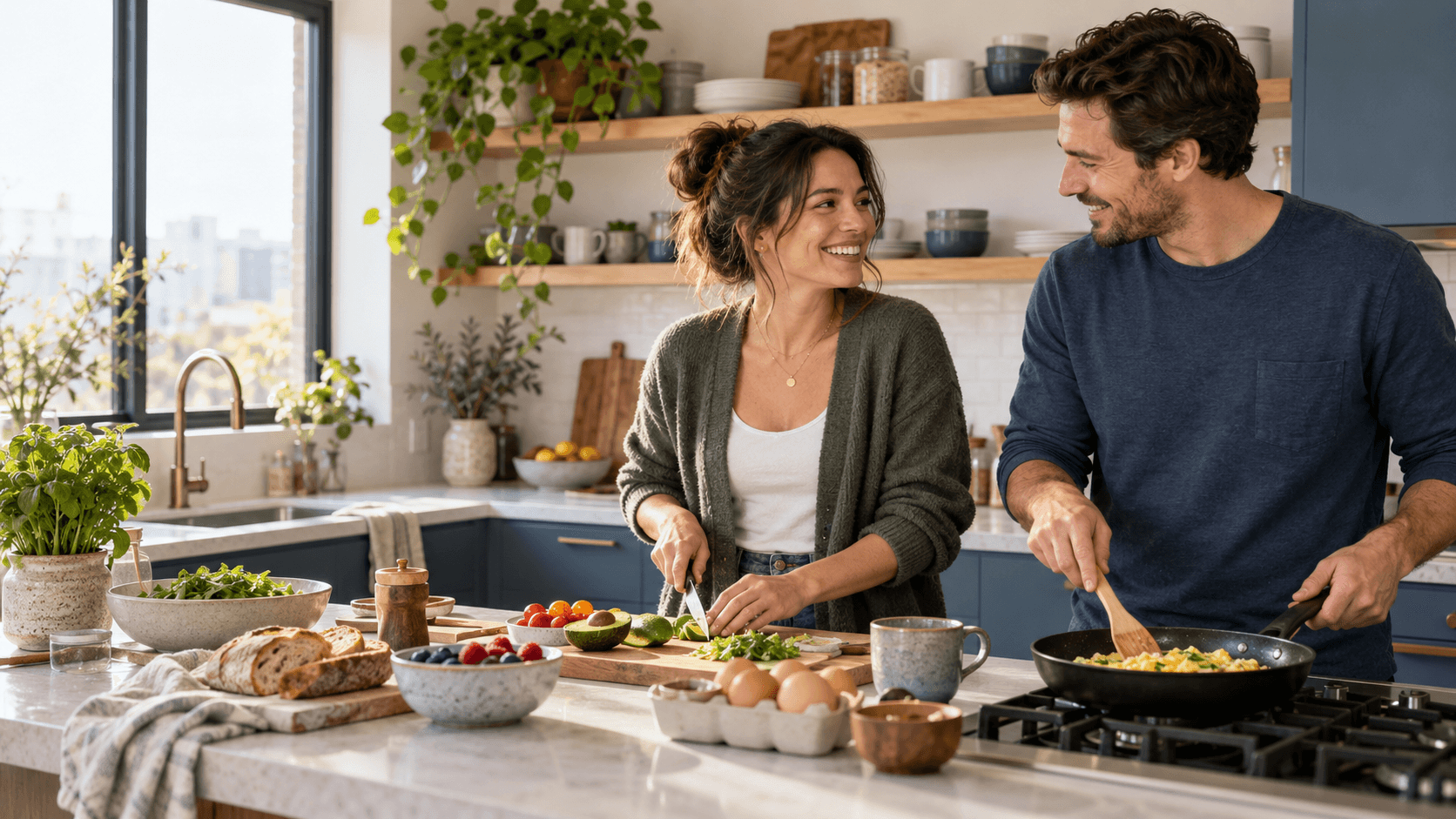 A relaxed couple smiling while preparing breakfast together in a bright kitchen