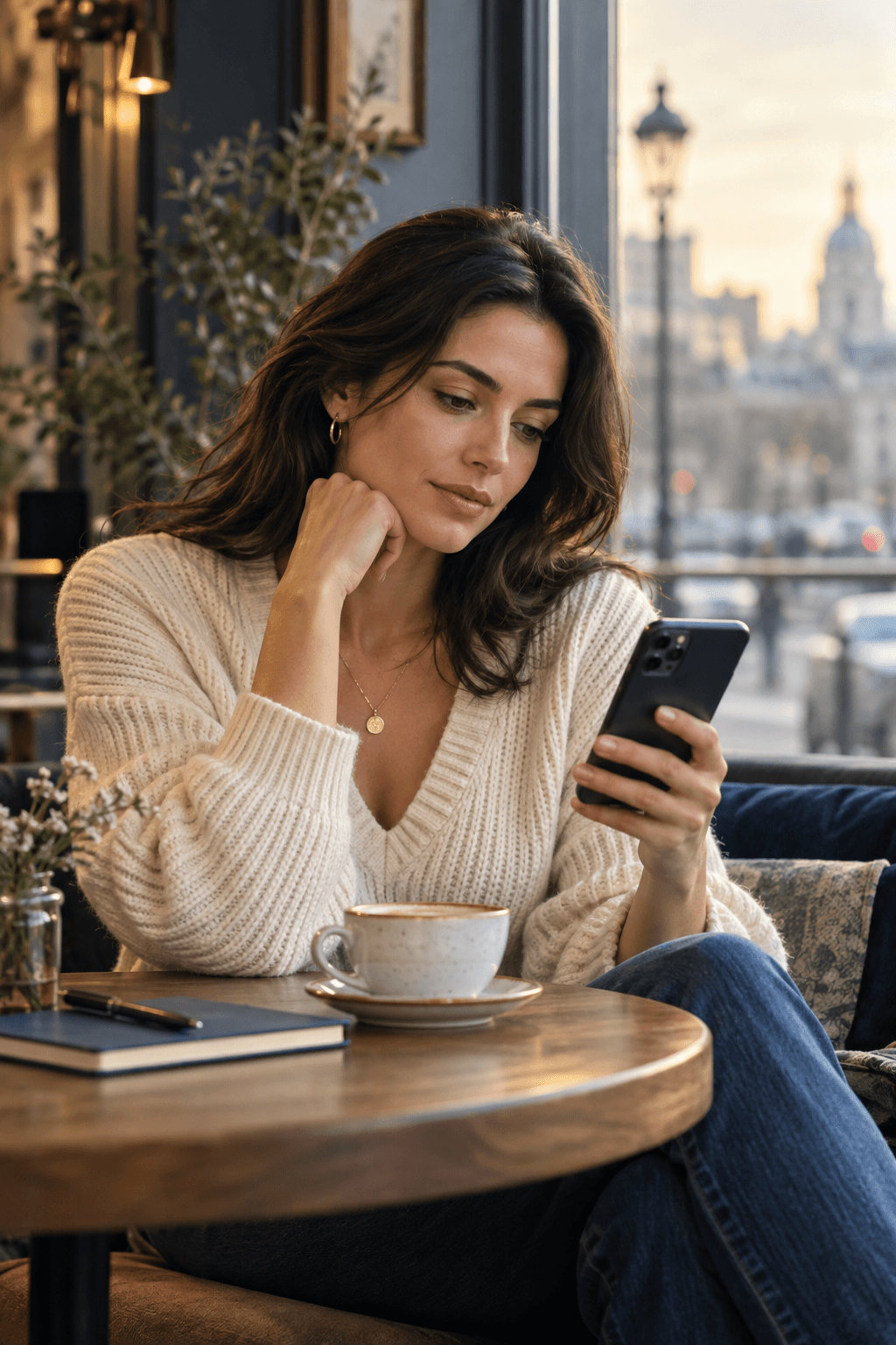 A thoughtful woman calmly reading a message from an ex in a quiet cafe