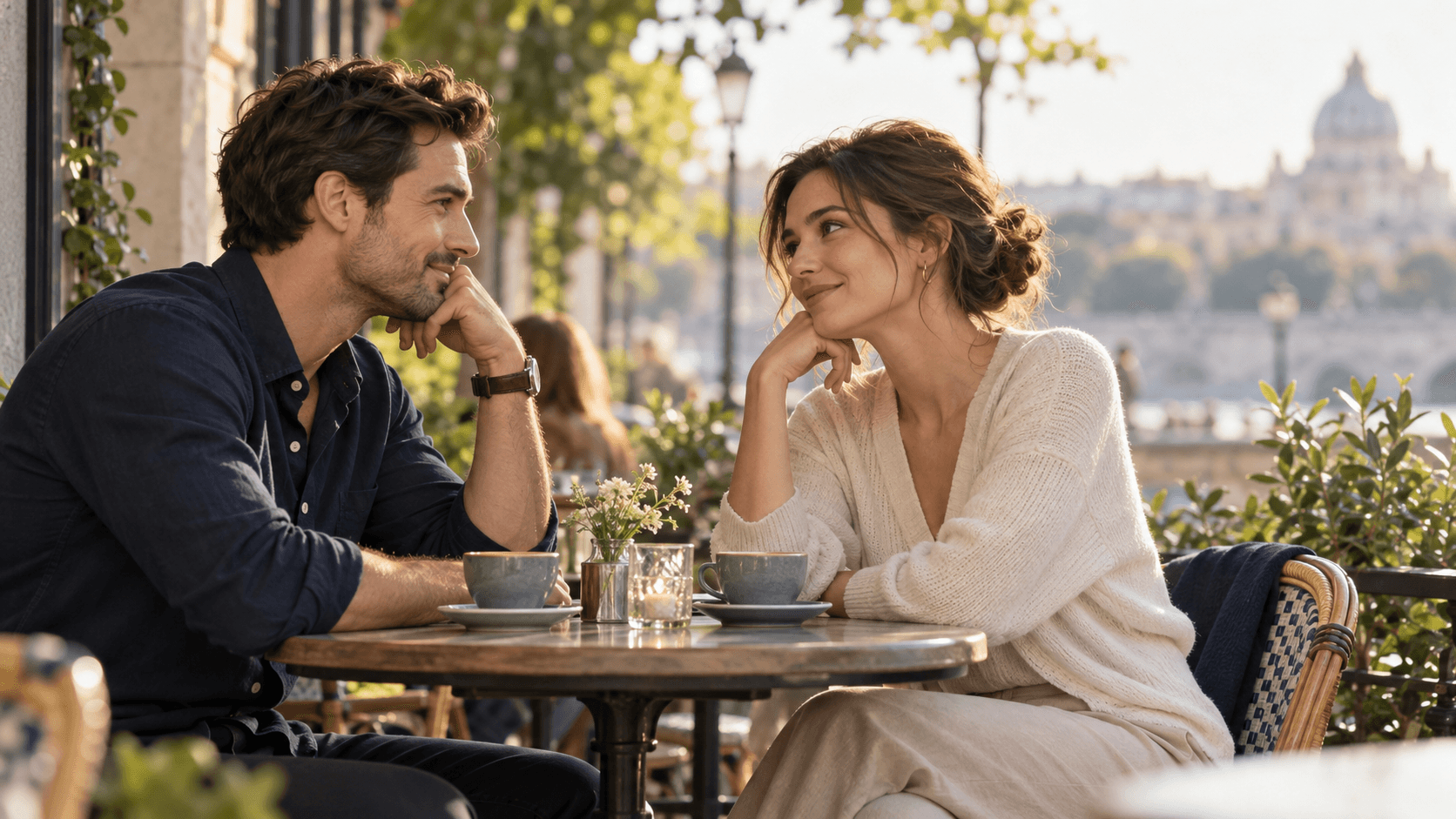 Former partners sharing gentle eye contact during a cautious conversation at a café