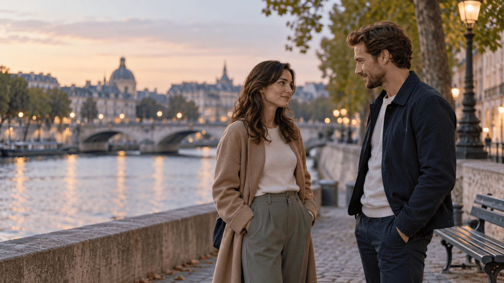Former partners sharing a cautious but warm conversation beside a river in the evening