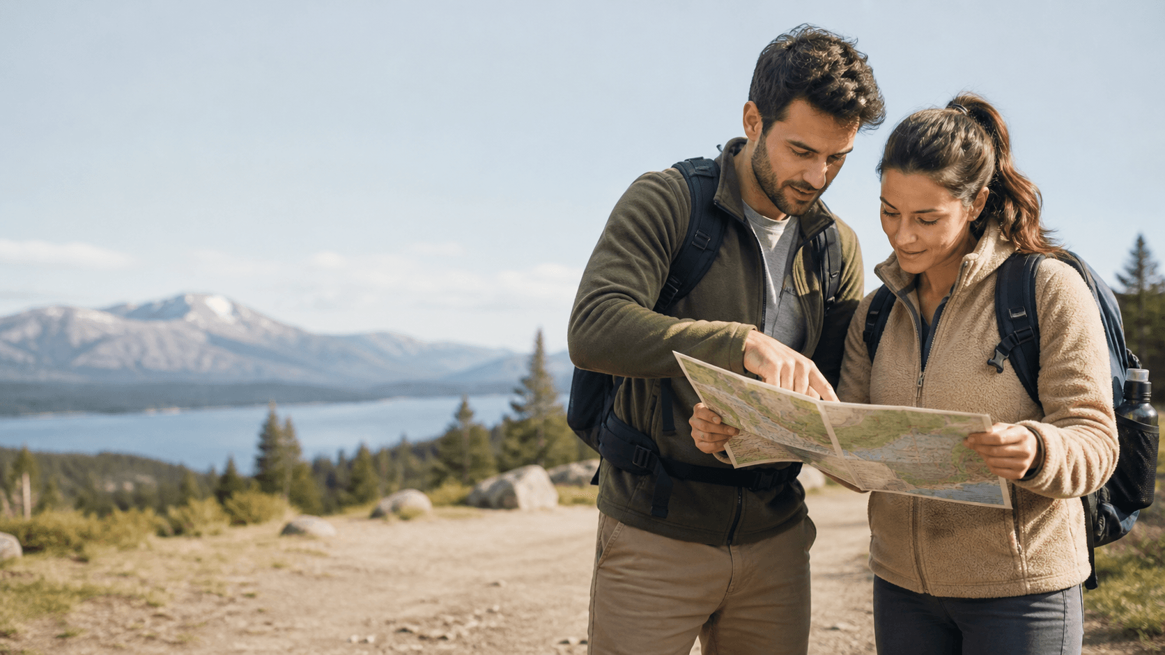 A couple collaboratively reviewing a trail map before a hike with calm and equal body language.