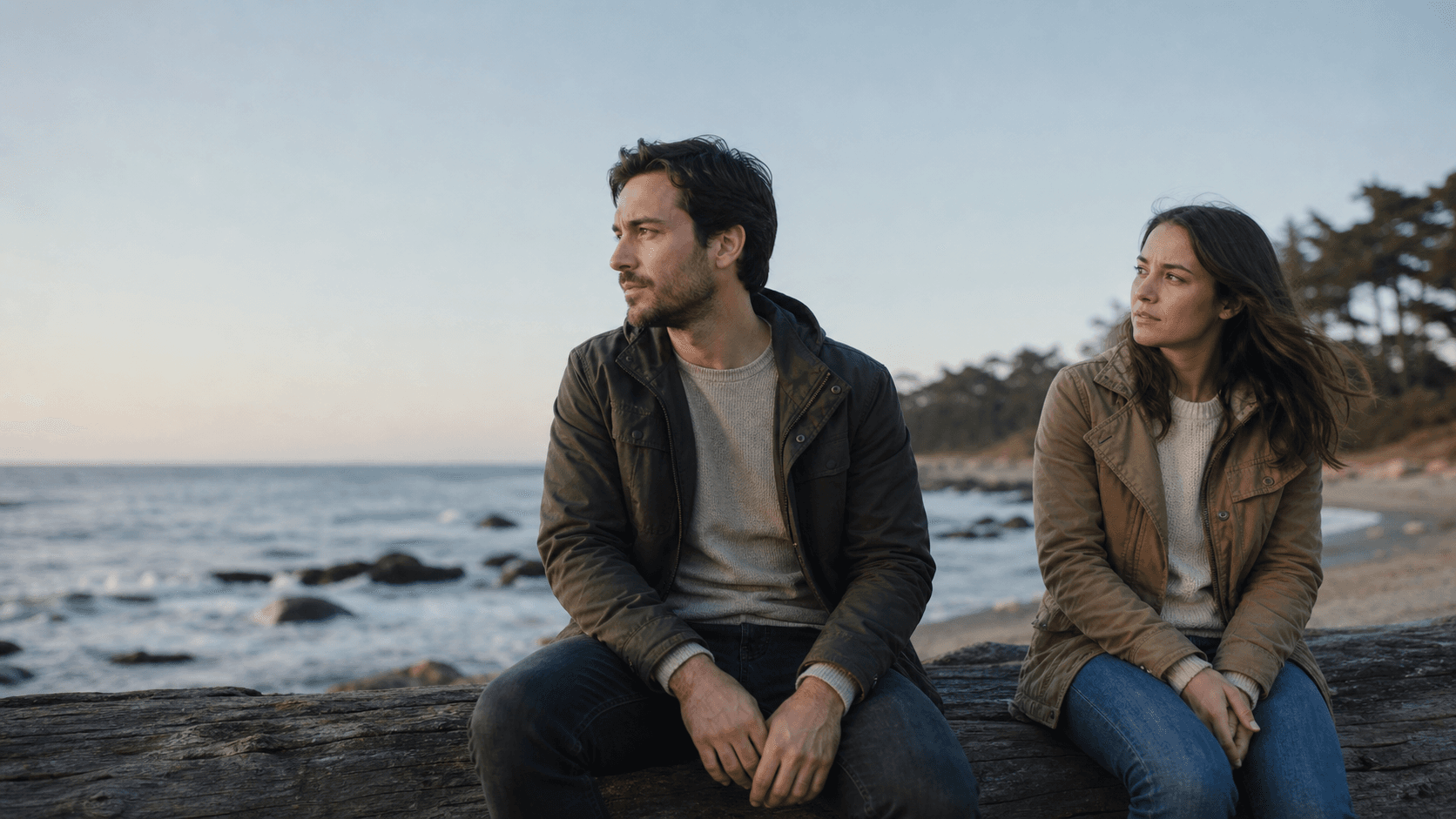 A couple sits apart on driftwood by the sea, showing subtle emotional distance during a quiet moment together.