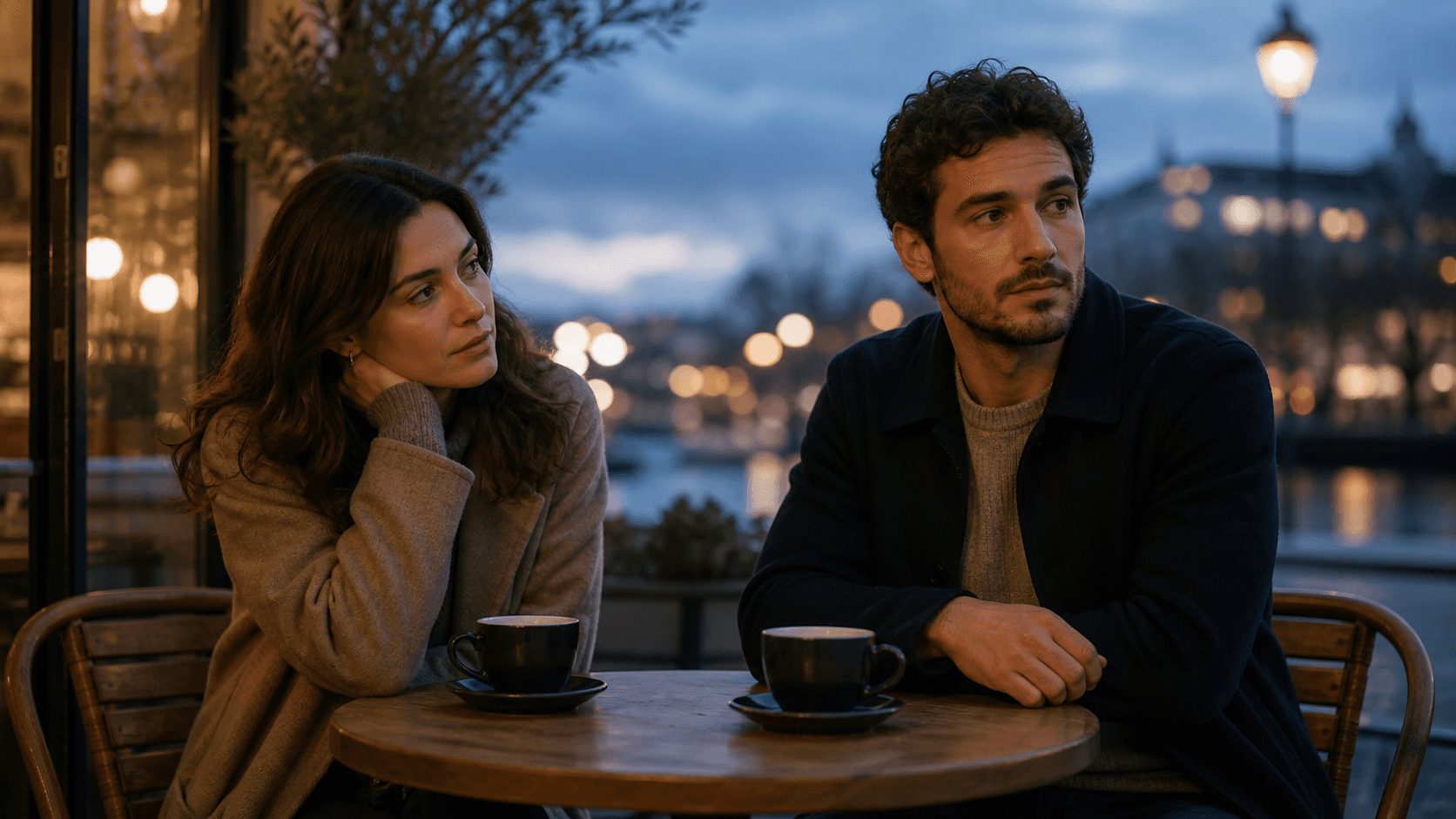A woman looks thoughtfully at a distant man during an uncertain evening date at an outdoor café.