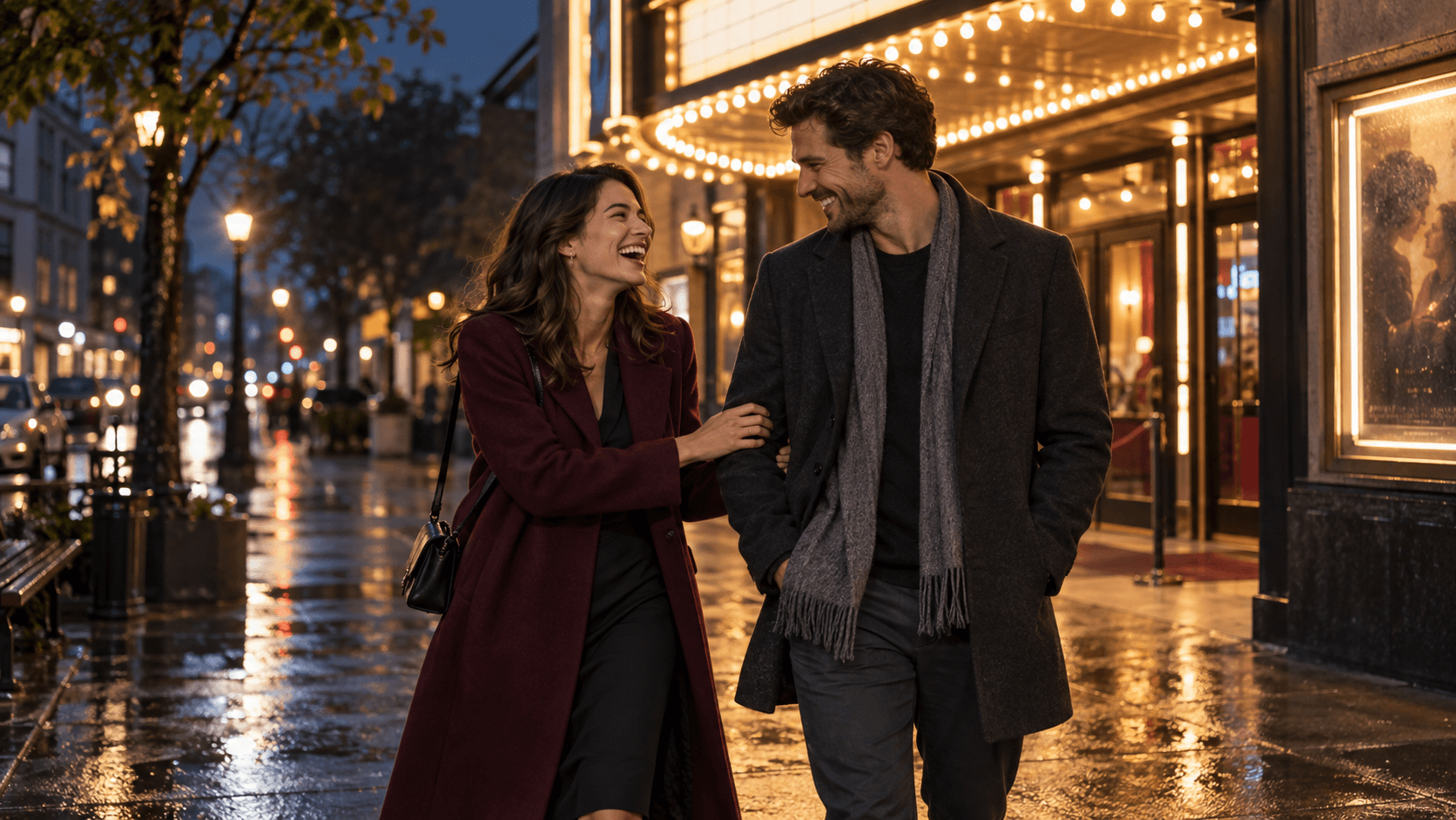 Happy couple laughing together outside a warmly lit cinema after a date