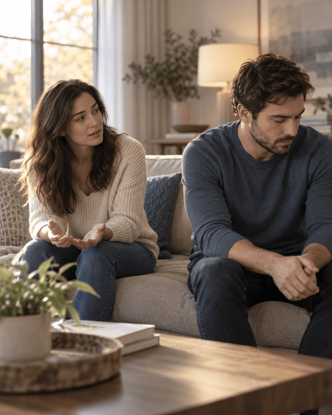 A woman tries to communicate while her overwhelmed partner shuts down on the sofa