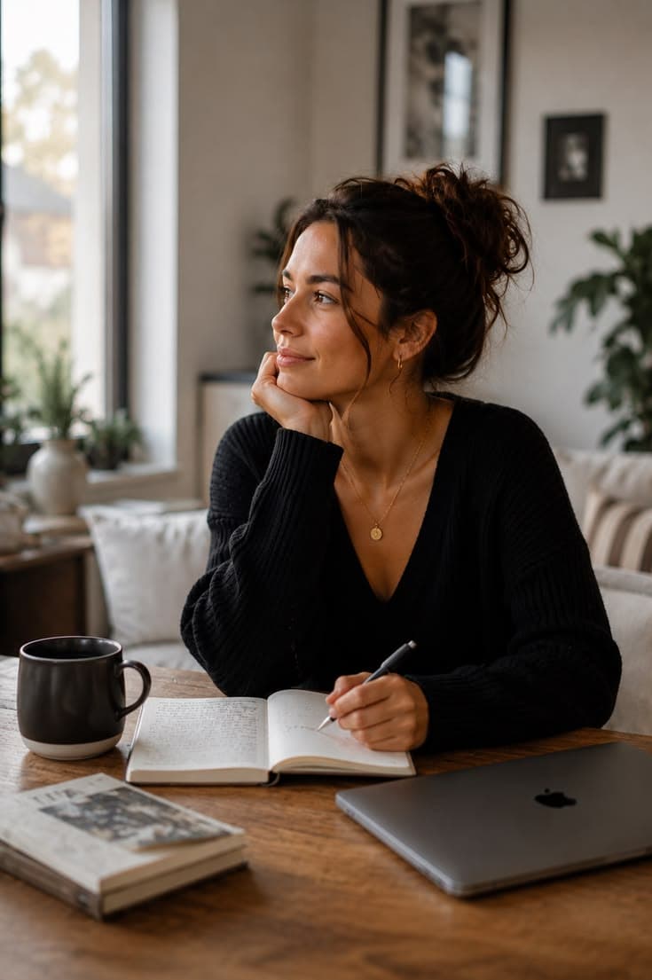A thoughtful woman writing in a journal beside a laptop and coffee at home