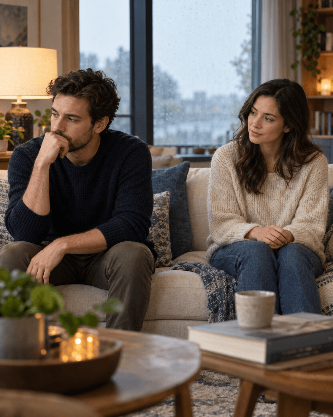 A calm woman gives her stressed partner space while remaining compassionately present