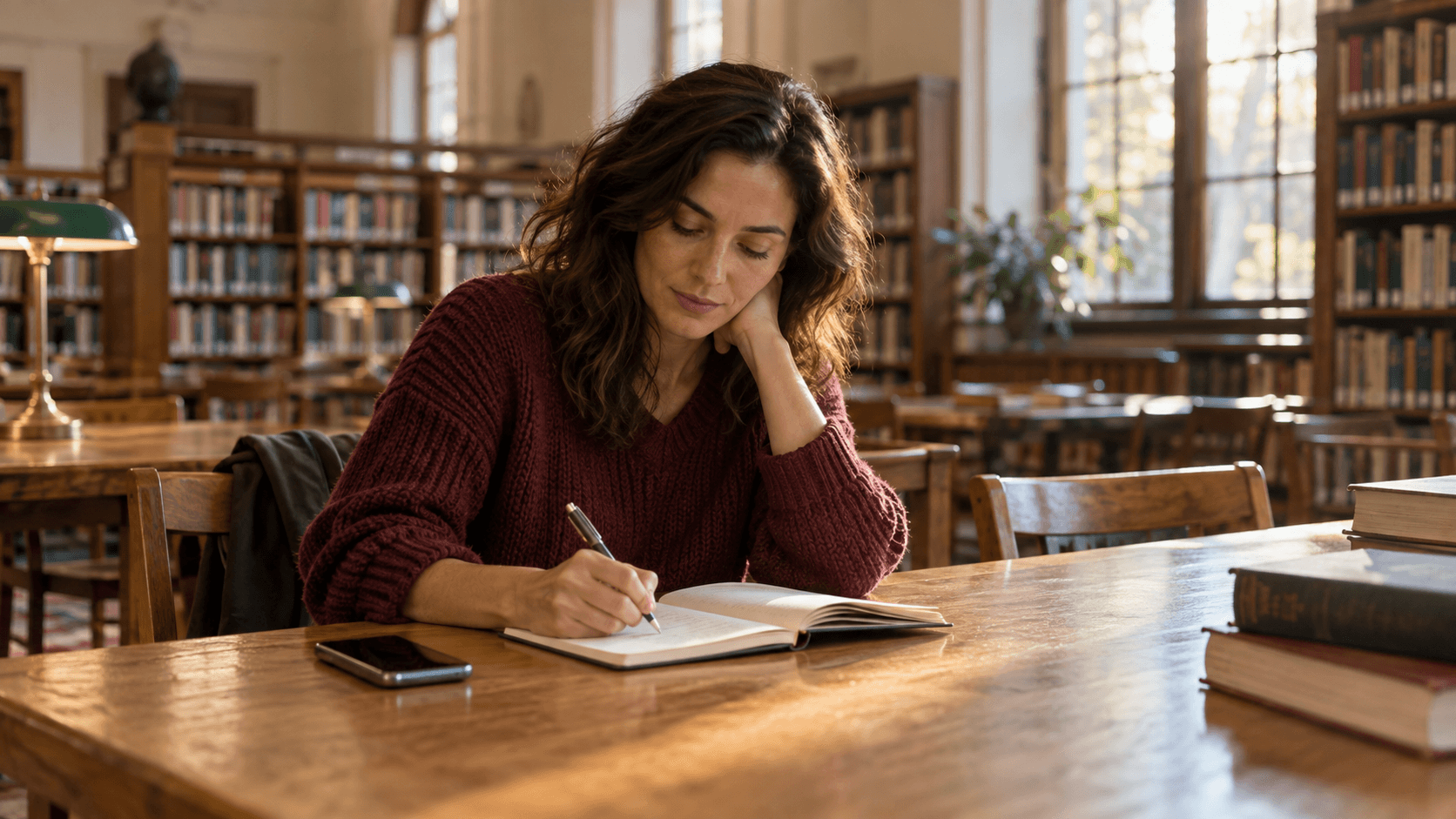 Woman calmly writing in a notebook beside her phone in a quiet library