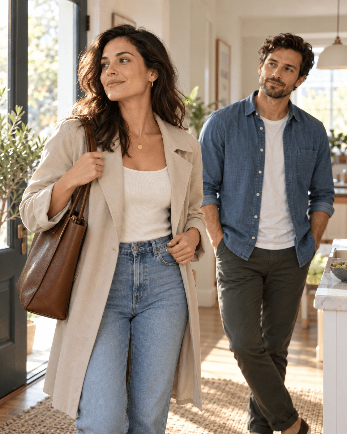 A confident woman leaves for her own plans while her partner responds supportively