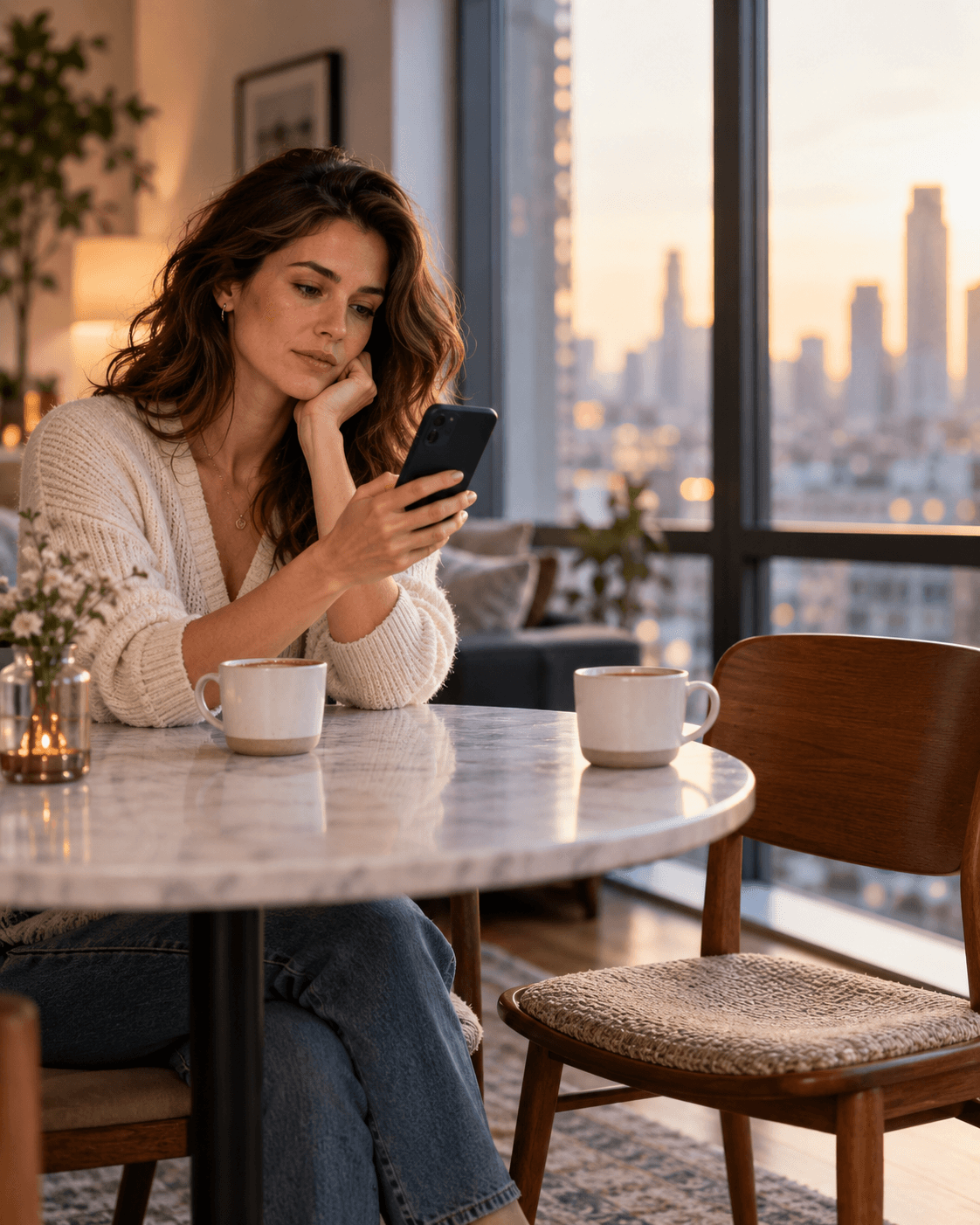A thoughtful woman reading a message beside an empty chair and an untouched second coffee