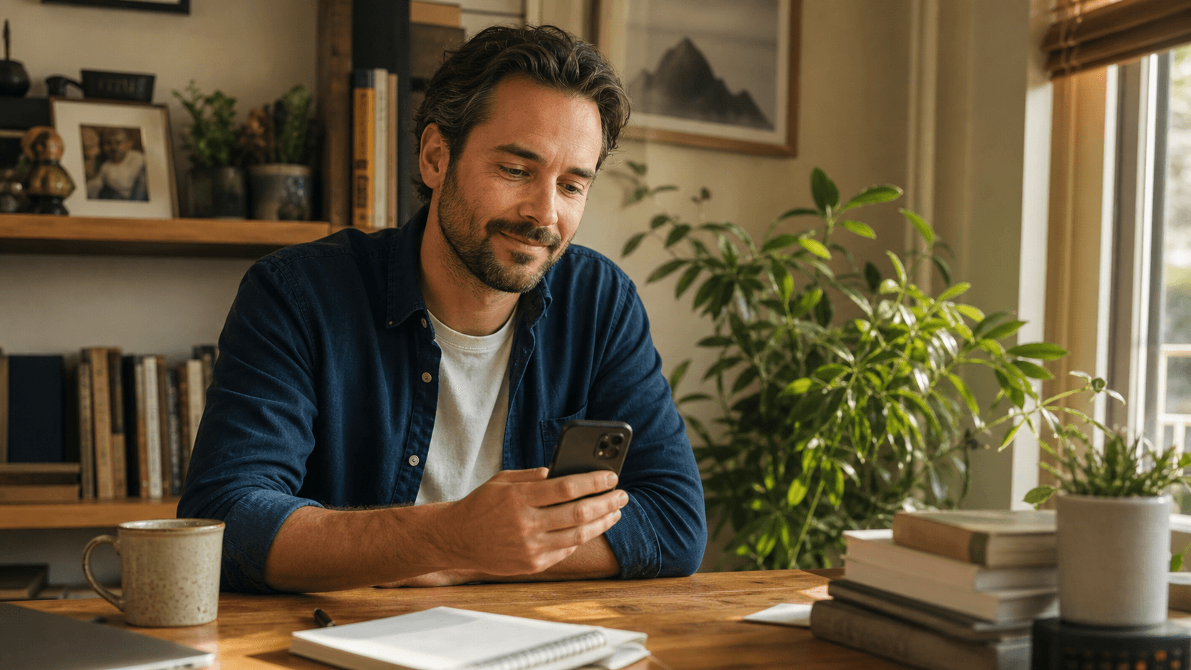 A man smiling quietly as he reads a meaningful message on his phone in a warm home workspace