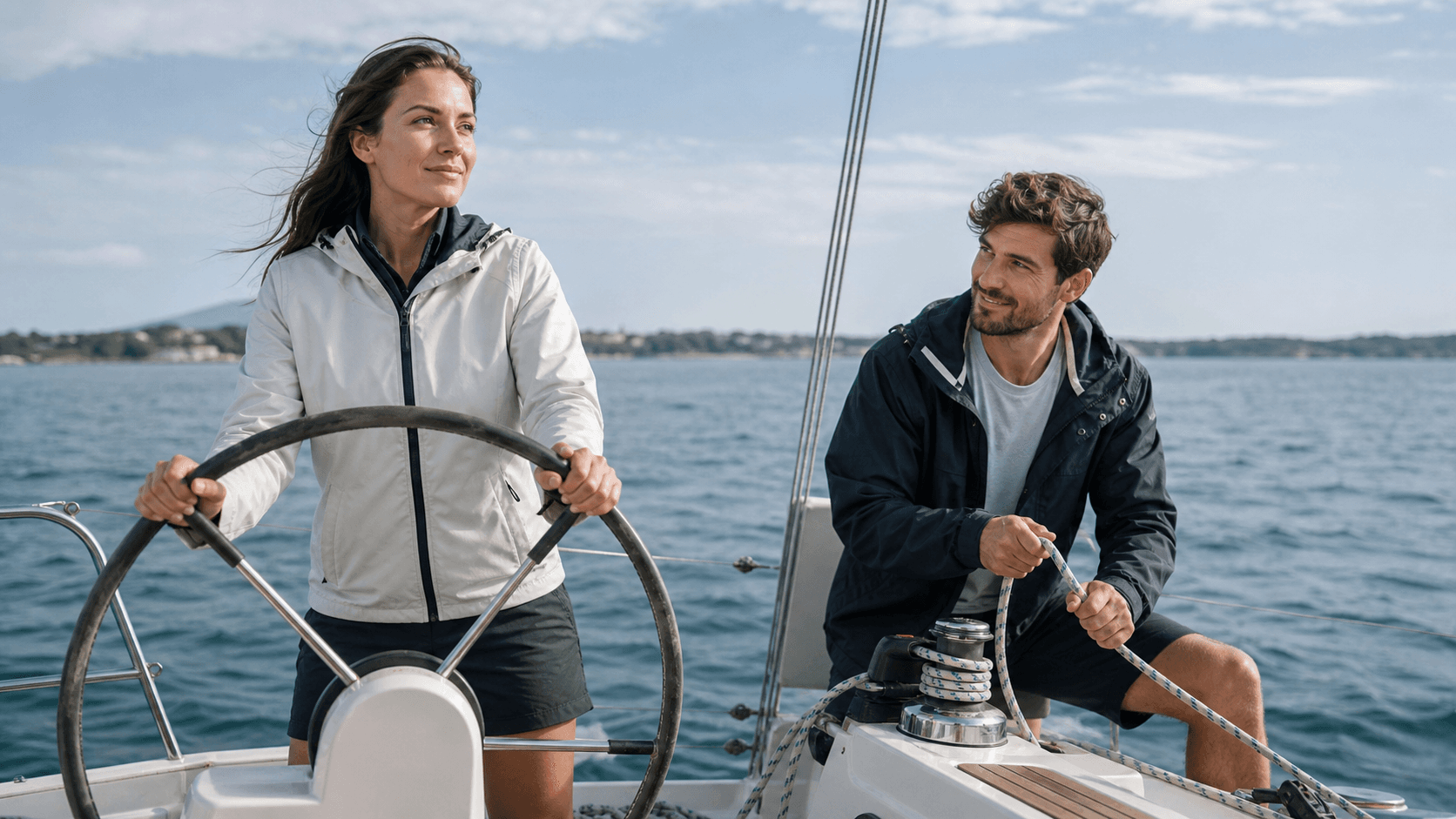 A confident woman steering a sailboat while her supportive partner manages a line beside her.
