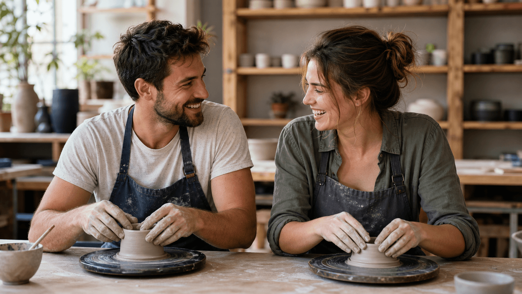 A couple sharing an easy laugh while each creates their own piece of pottery in a bright studio.