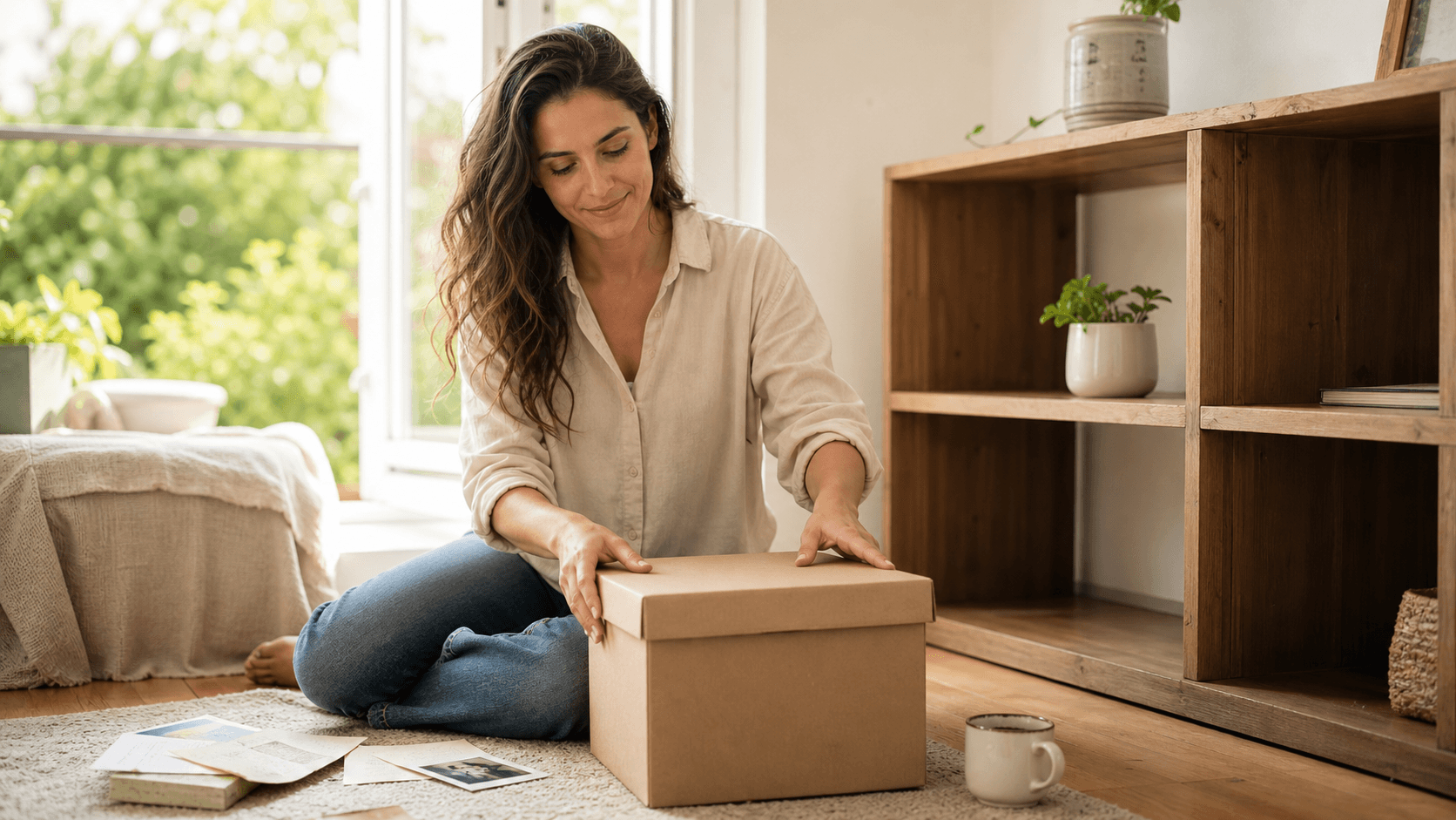 A peaceful woman closing a keepsake box of old letters in a bright home as she makes room for a new chapter.