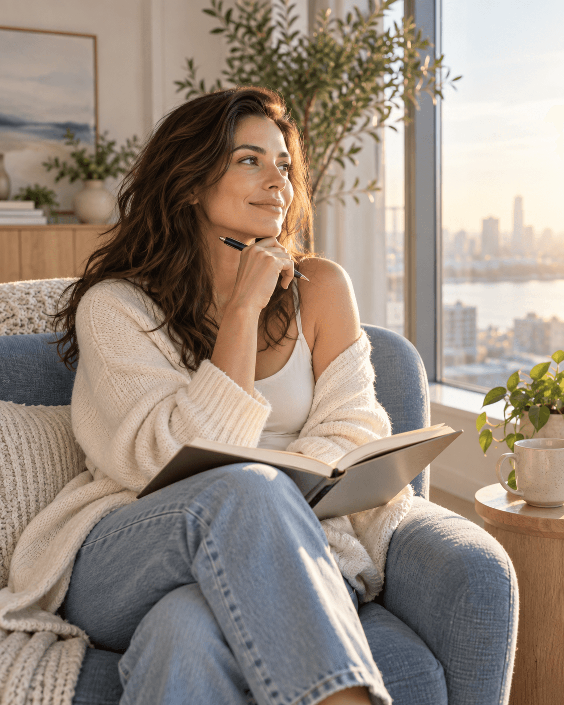 A thoughtful woman journals by a bright window while rebuilding confidence in her own judgment