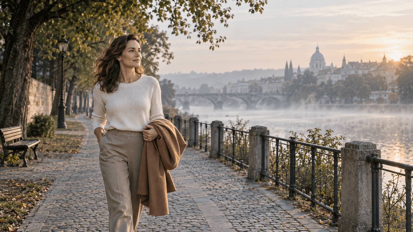 Confident woman walking peacefully along a riverside path in the morning