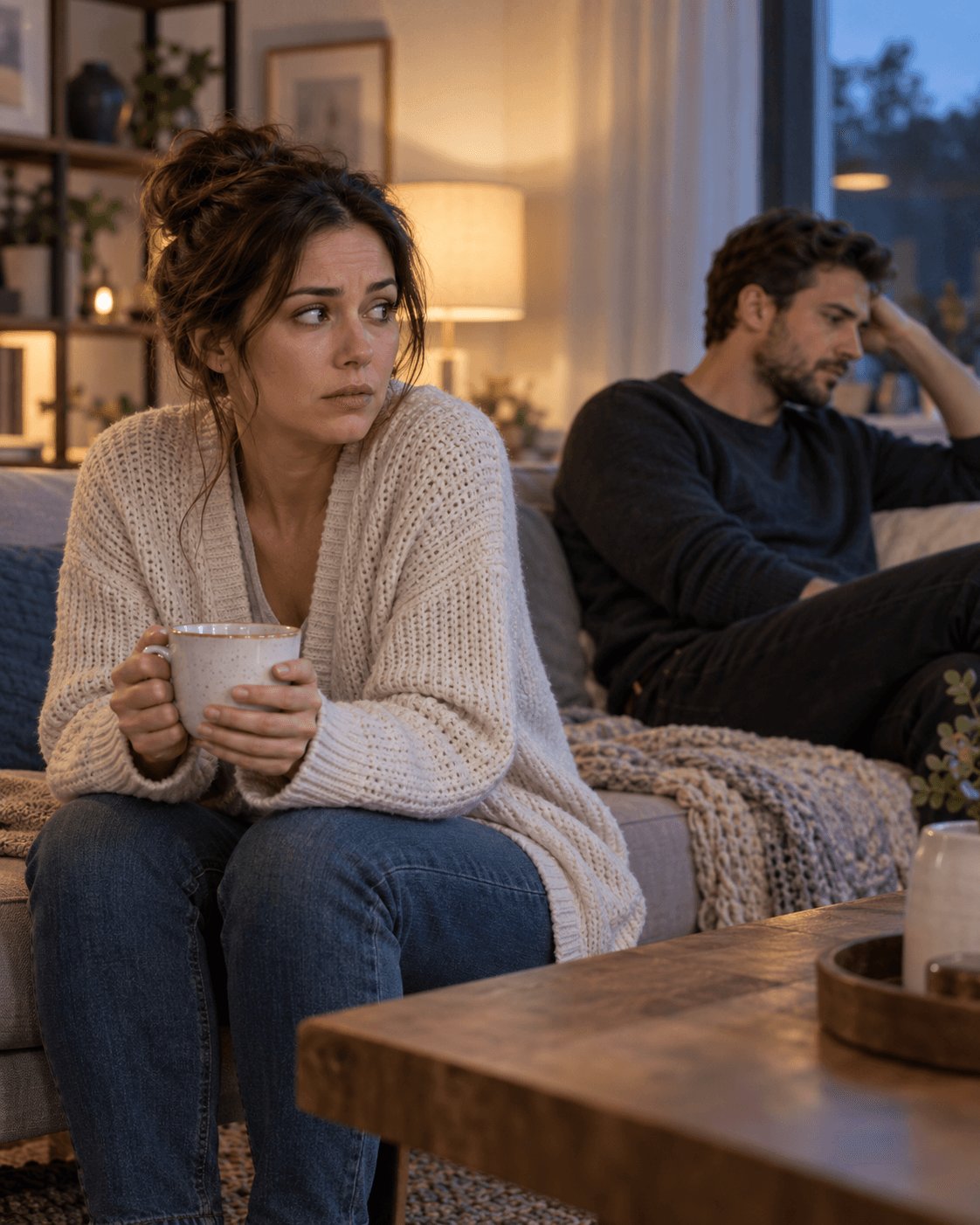 A tense woman holding a cup while sitting apart from her withdrawn partner at home