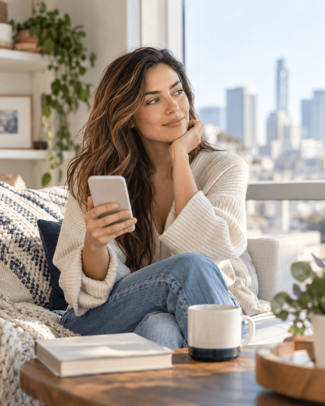 A confident woman holds her phone while choosing not to overinterpret social media activity