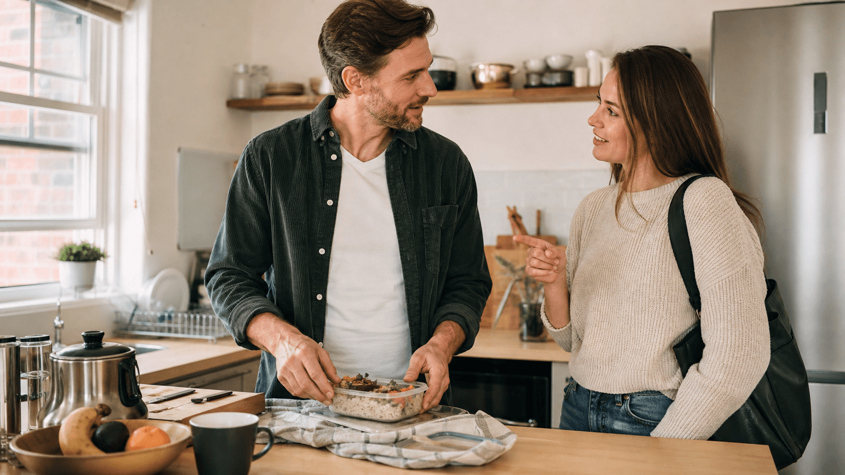 A caring man packs a homemade lunch for his partner while listening to her in their morning kitchen.