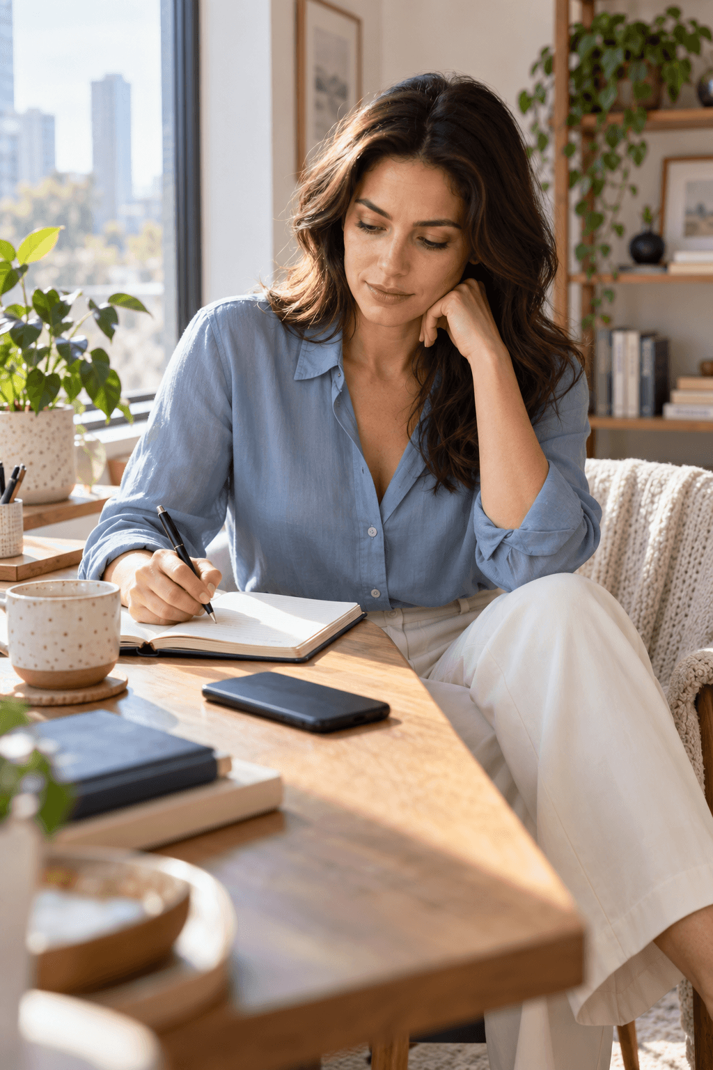 A calm woman reflecting in a journal after breaking no contact with her ex