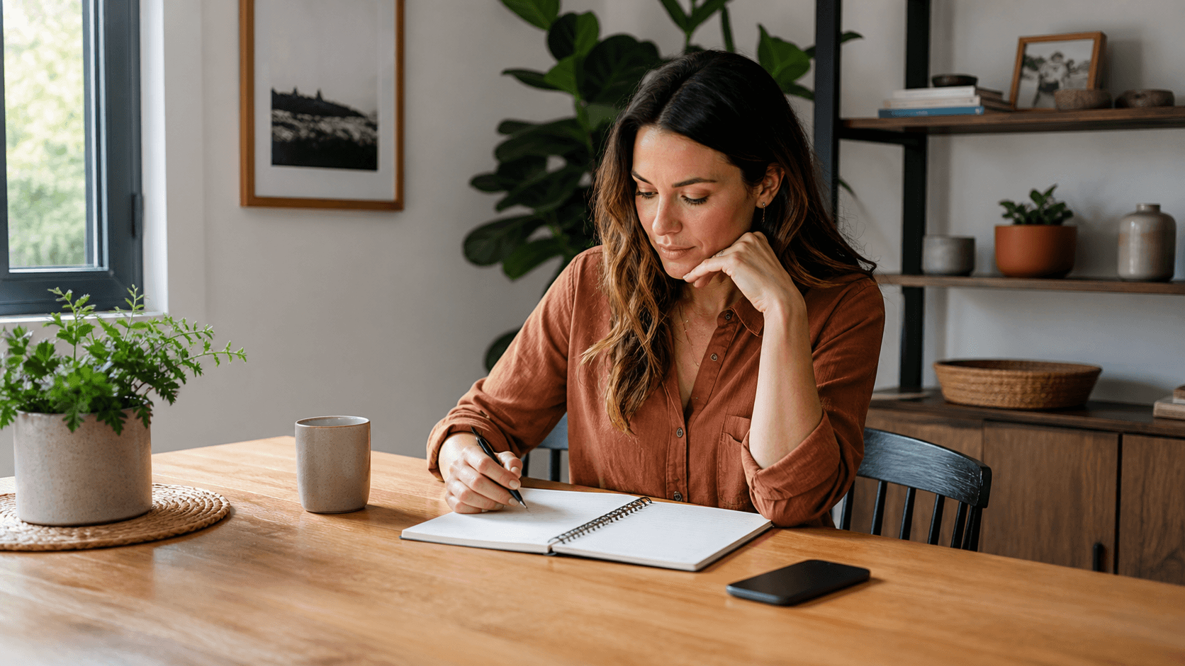 A thoughtful woman calmly writing in a notebook while her phone rests face-down on a nearby table