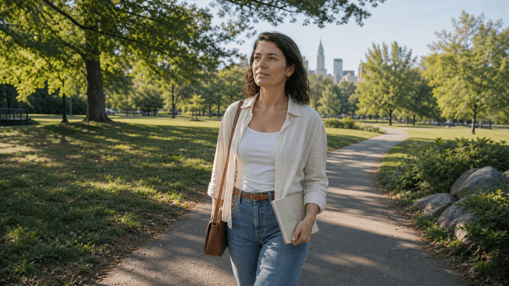 A calm woman carrying a journal while taking a restorative morning walk through a green city park