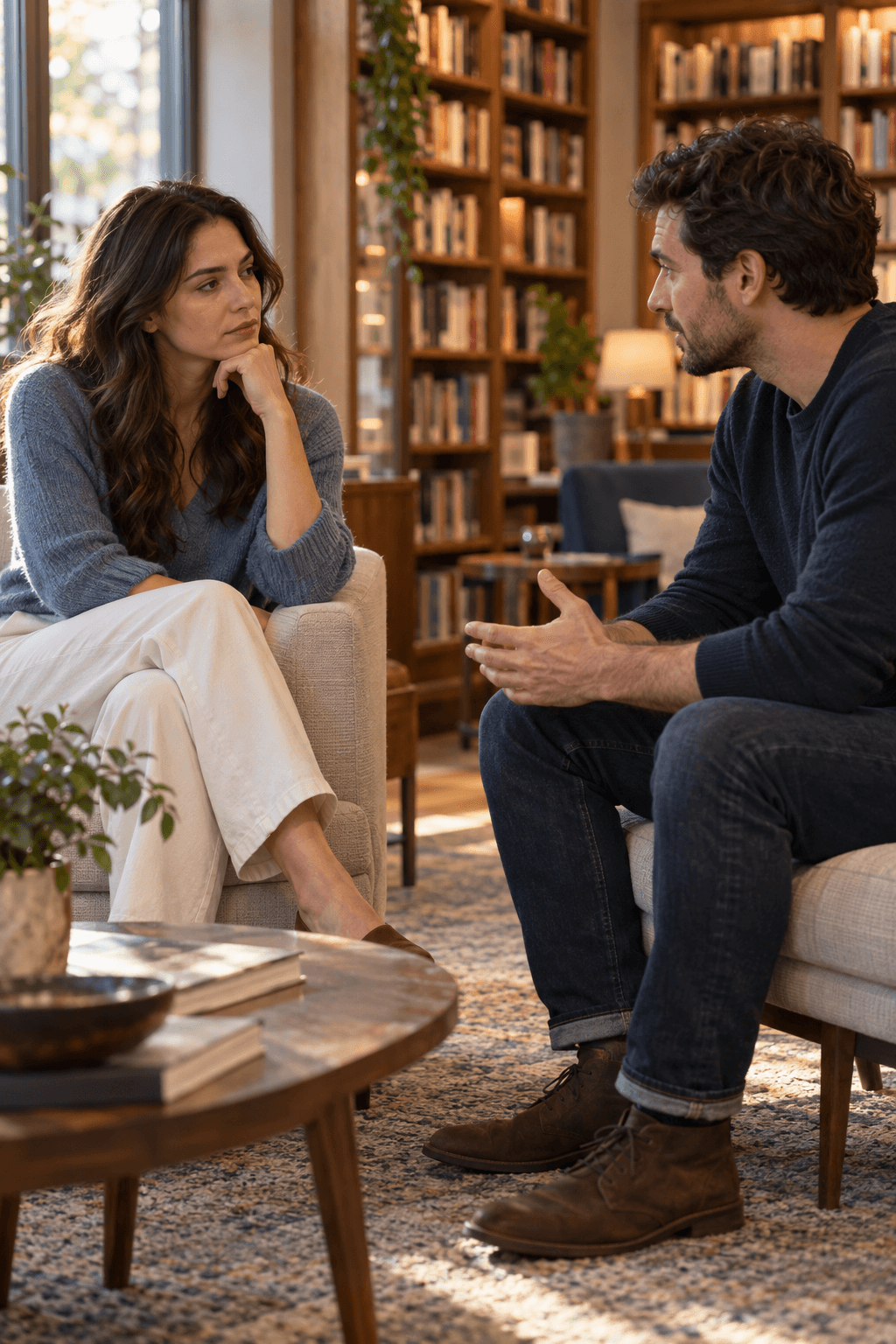 A former couple having a sincere conversation while one person offers an apology