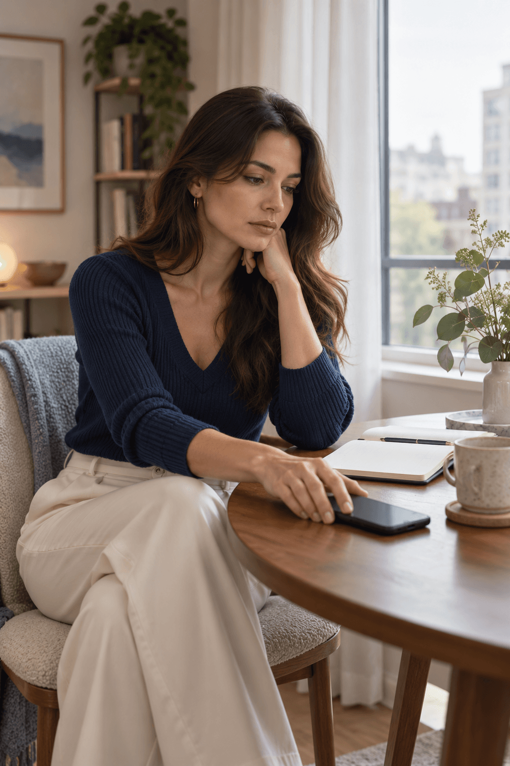 A composed woman putting down her phone after learning her ex is dating someone new