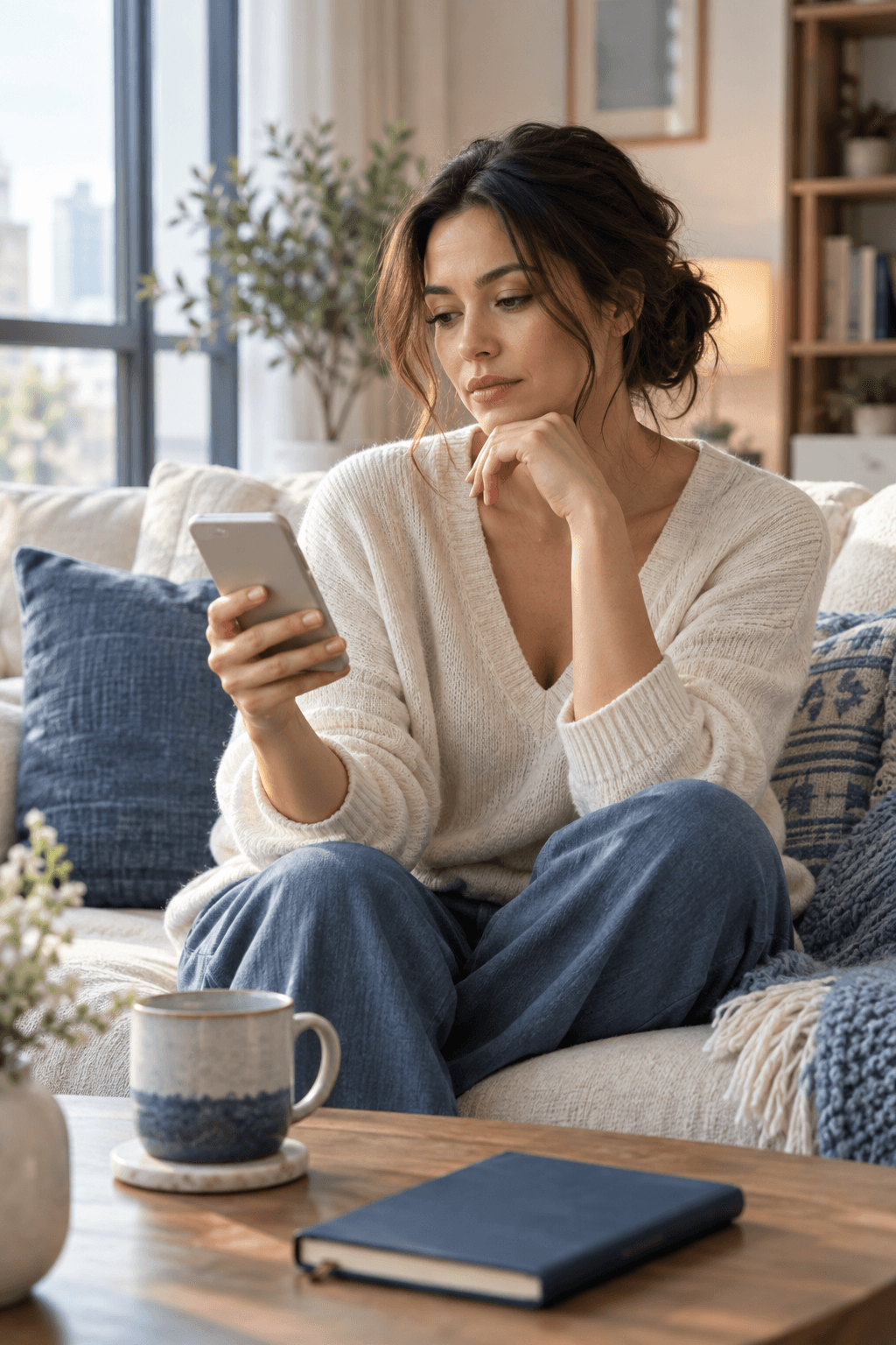 A calm woman pausing before responding to a message from her ex during no contact