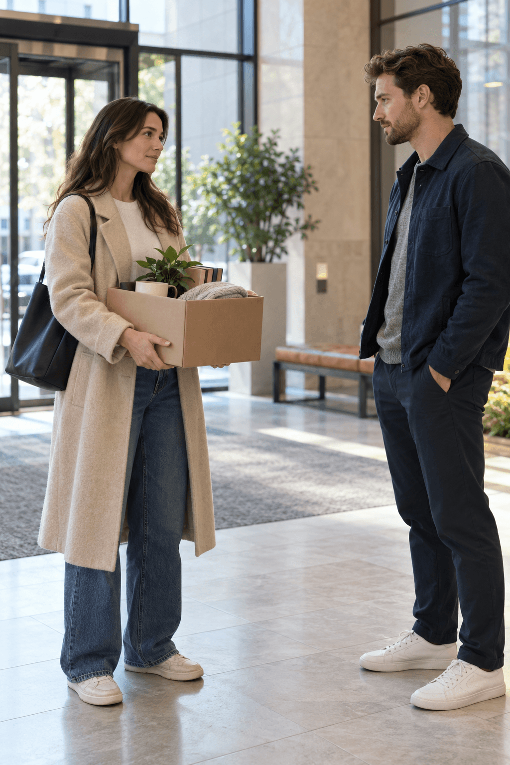A former couple calmly exchanging a box of personal belongings after a breakup
