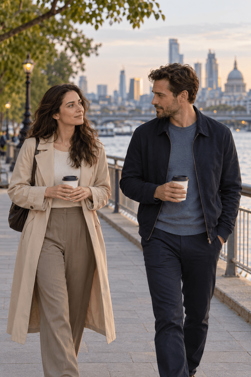 A former couple having a calm first meeting while walking beside a city river