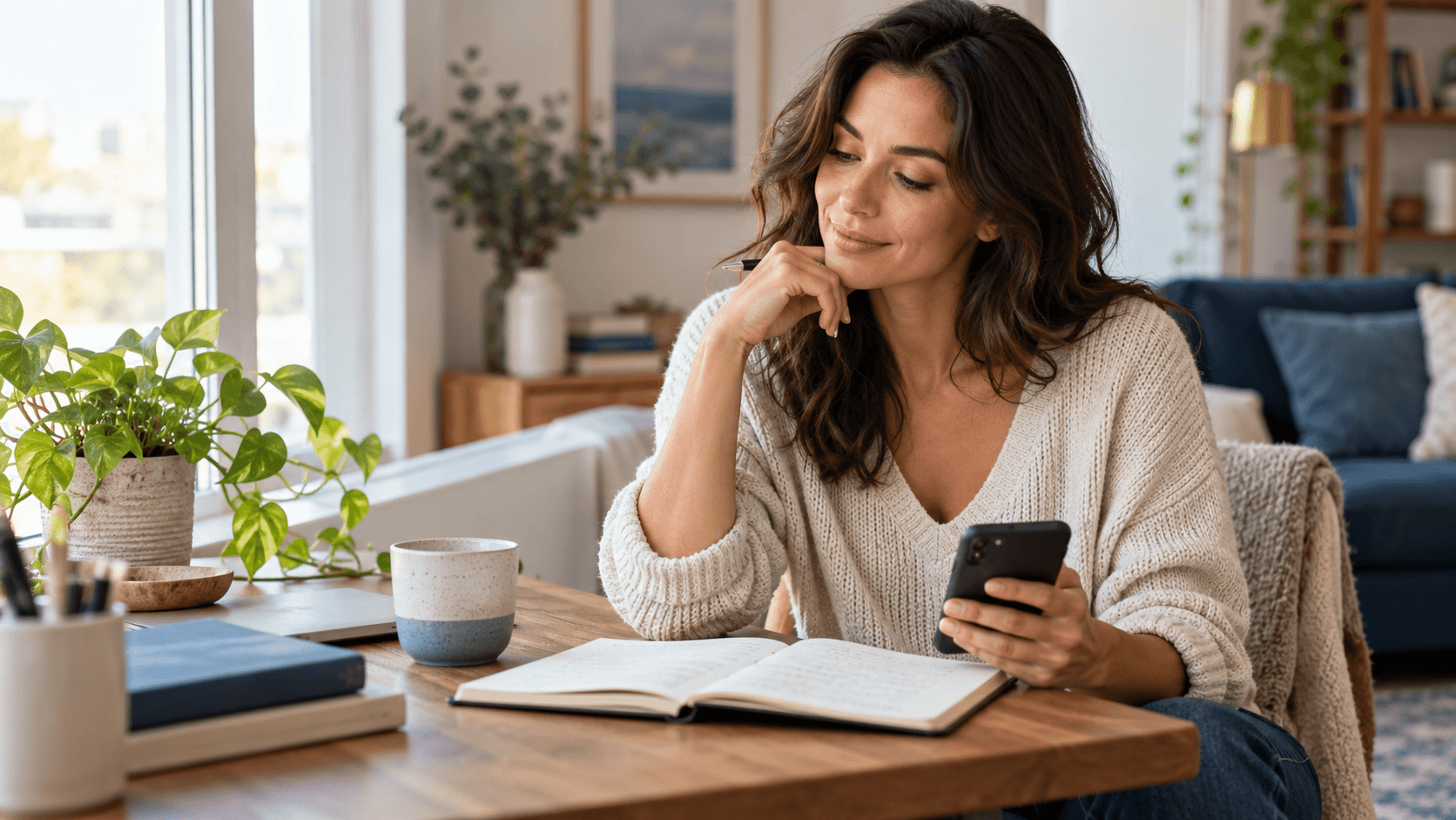 A thoughtful woman calmly holding her phone beside an open journal before messaging her ex