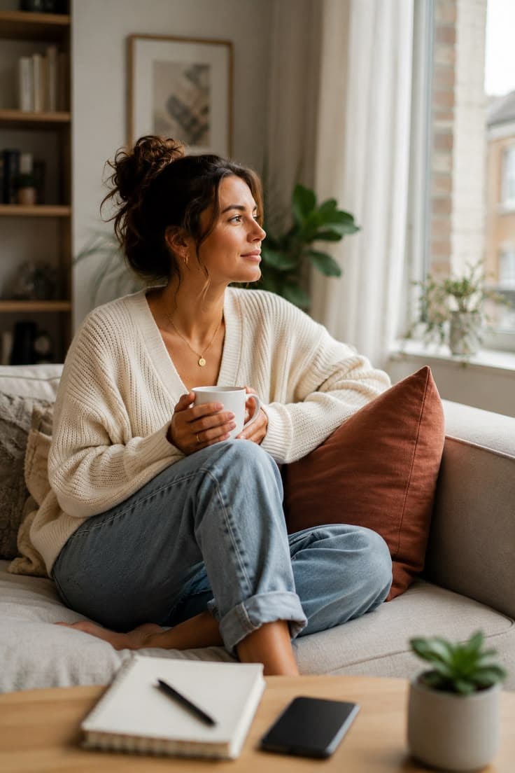 A thoughtful woman sitting comfortably on a sofa with coffee, a journal, and her phone nearby