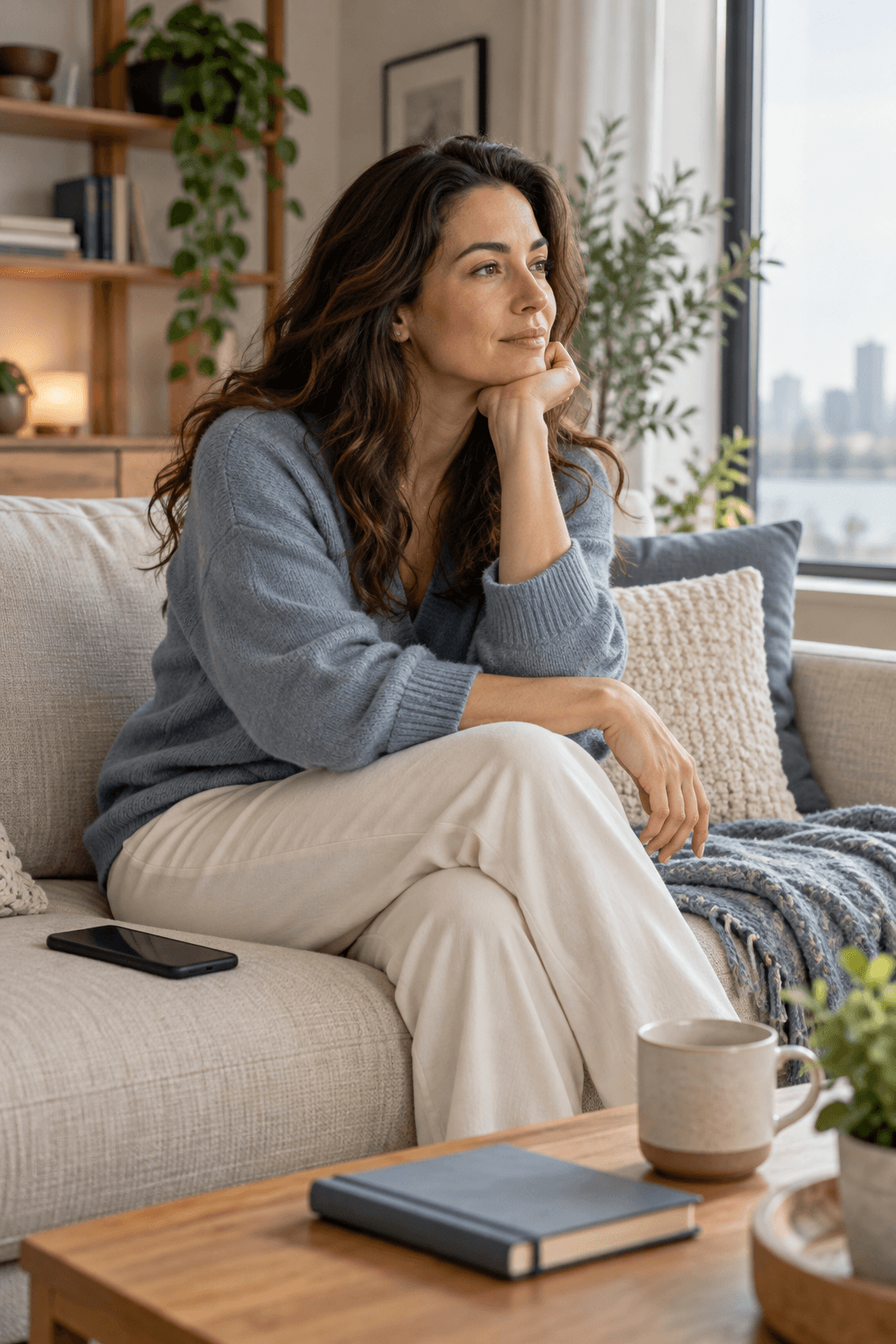 A calm woman reflecting at home with her phone placed face down beside her