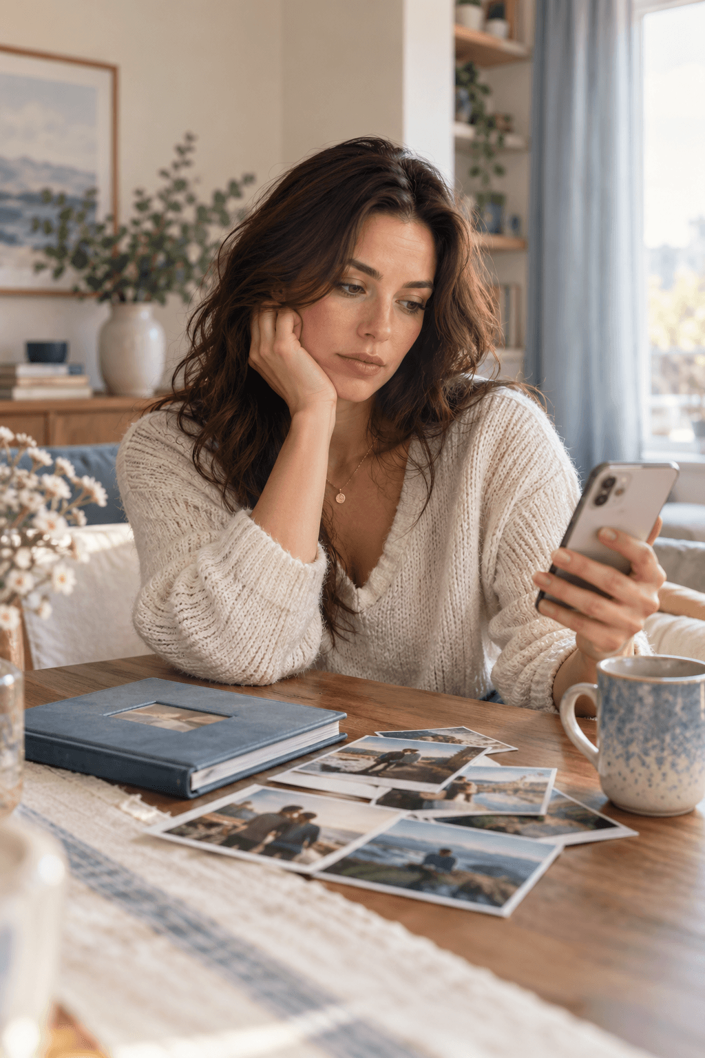 A thoughtful woman looking at old relationship photos after a breakup