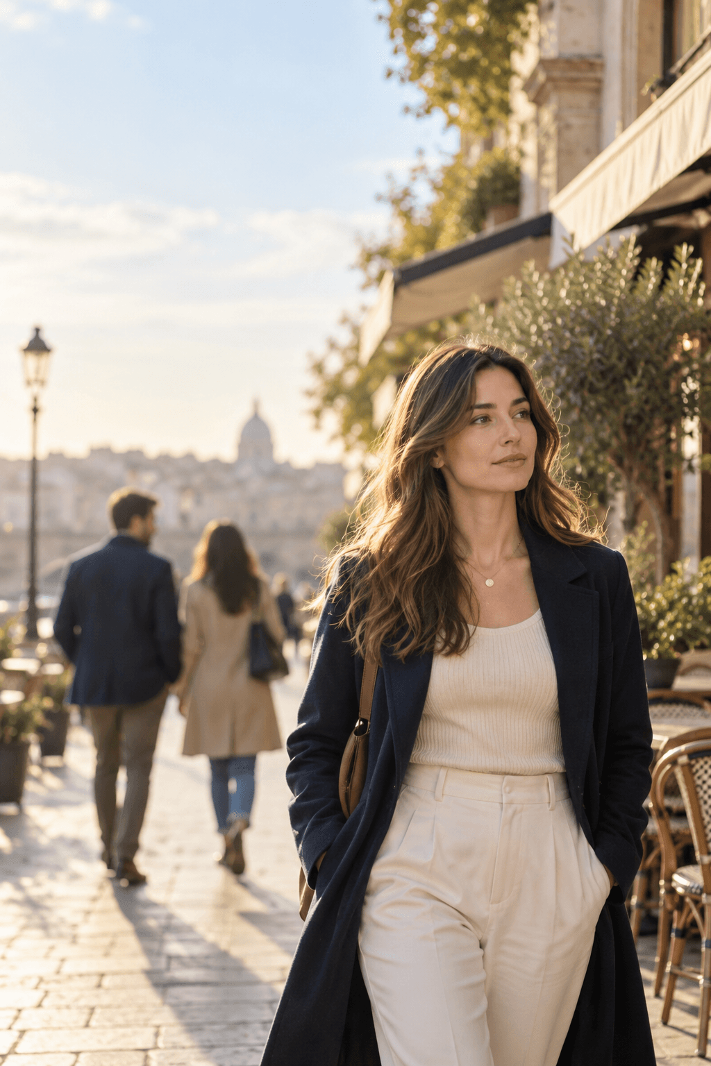 A confident woman walking forward while a former partner and another person fade into the background