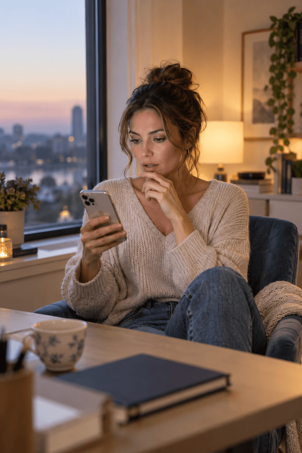 A surprised but composed woman reading a message from her ex after months of silence