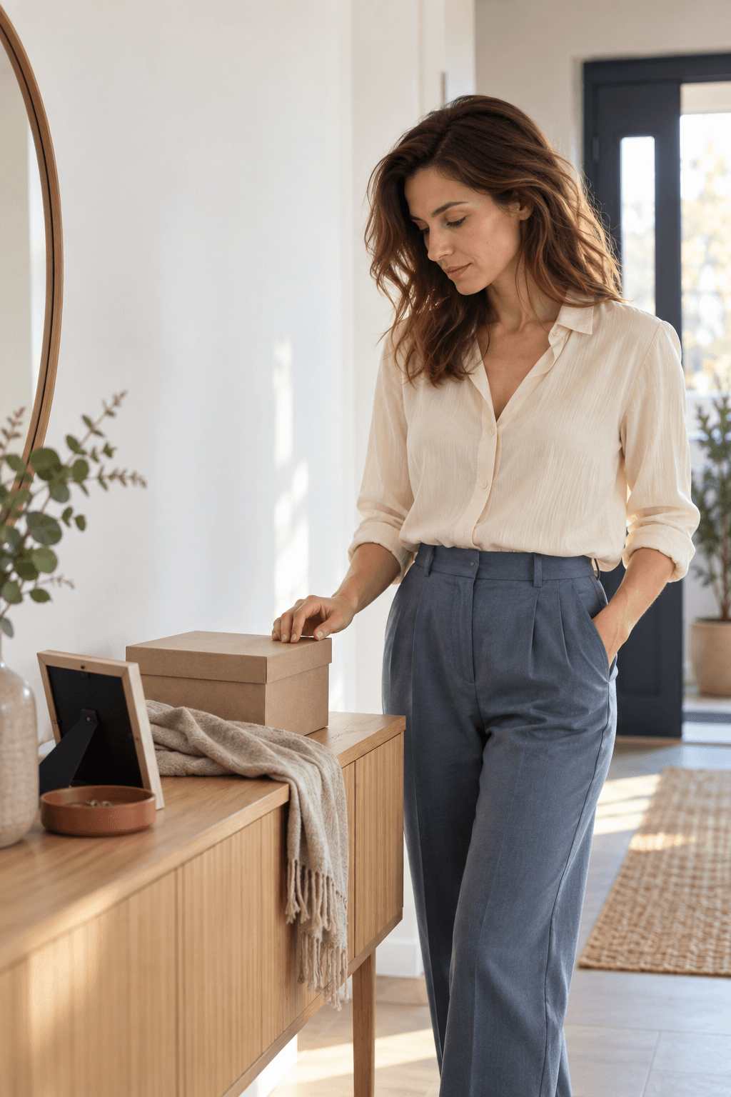 A thoughtful woman standing beside a small box of returned keepsakes in a bright apartment