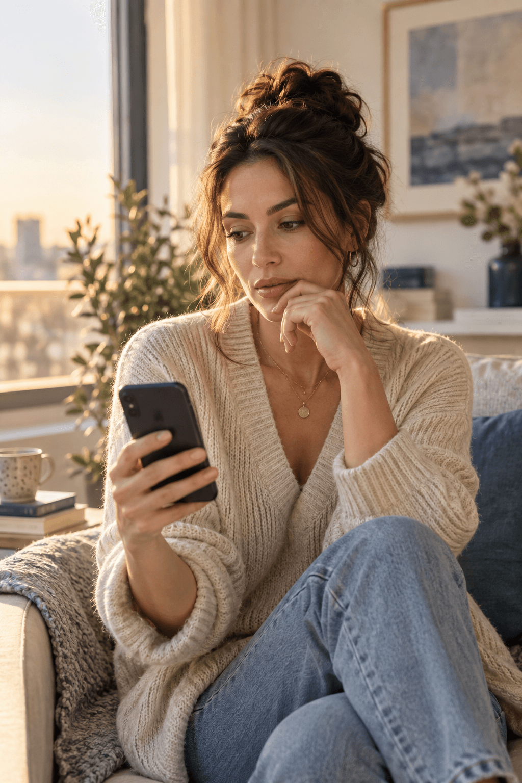A thoughtful woman looking at her phone after noticing that her ex unblocked her