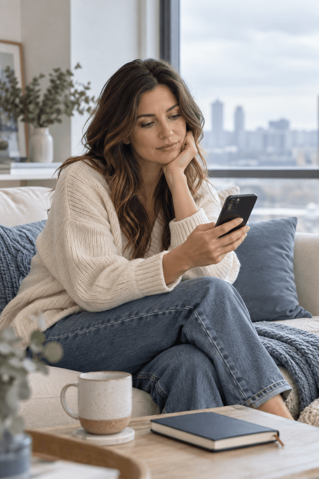 A composed woman looking at her phone after noticing that her ex unfollowed her