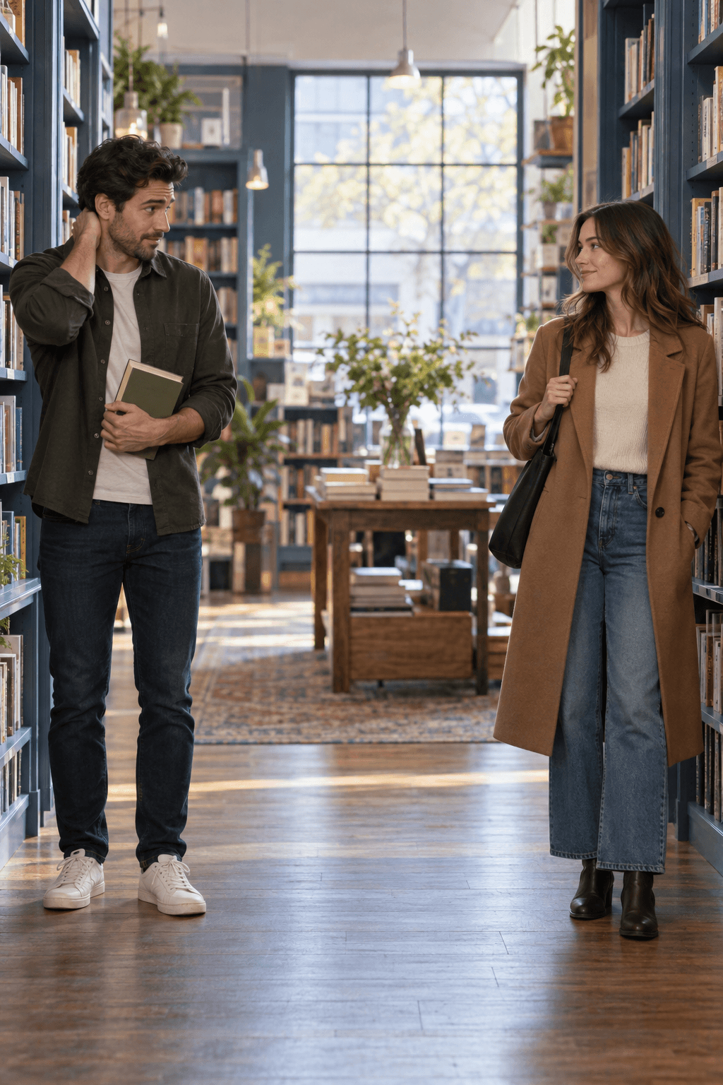 Former partners having an unexpectedly awkward encounter in a bookstore