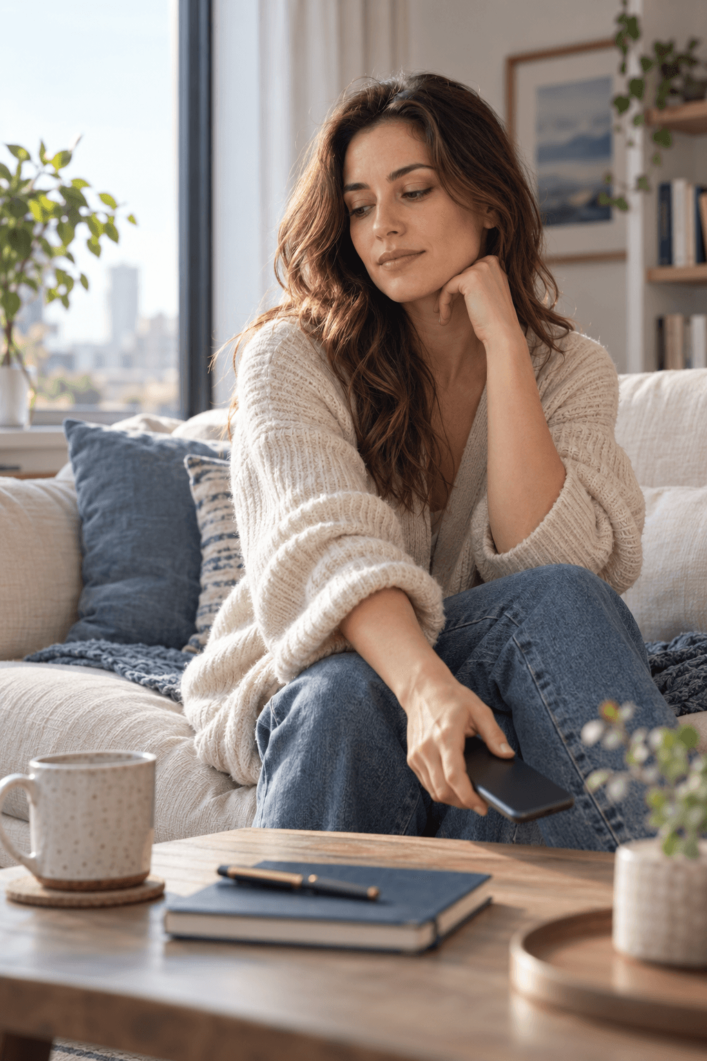 A reflective woman putting down her phone after comparing herself with her ex online