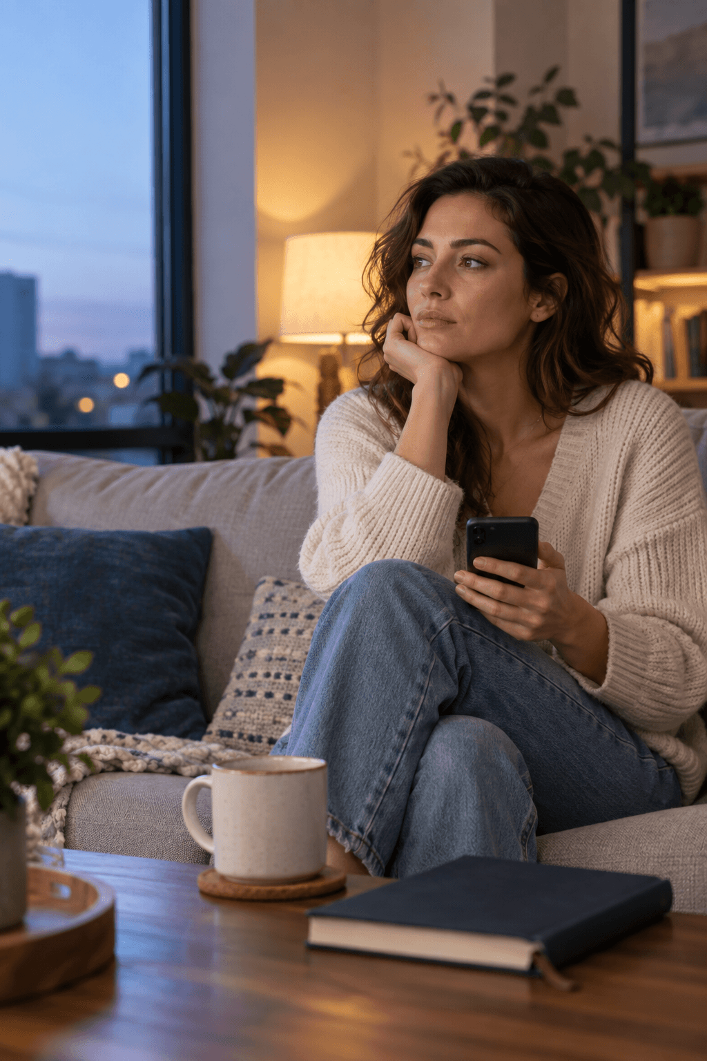 A thoughtful woman pausing before answering when her former partner asks whether she still loves them