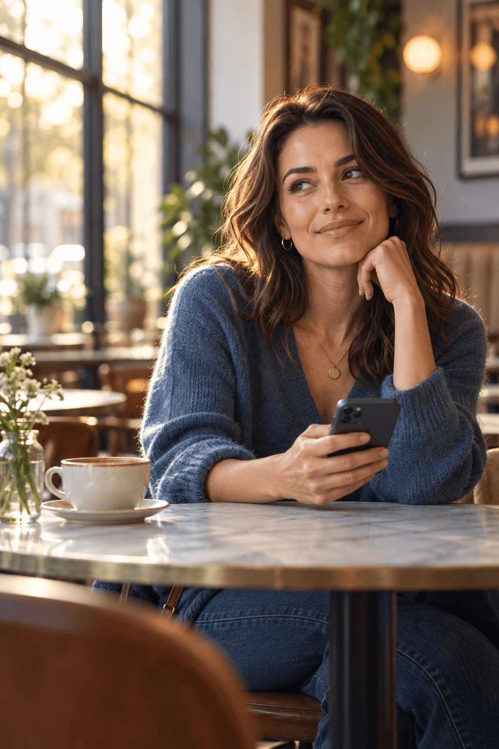 A confident woman enjoying a playful message while staying thoughtful about her former partner's intentions